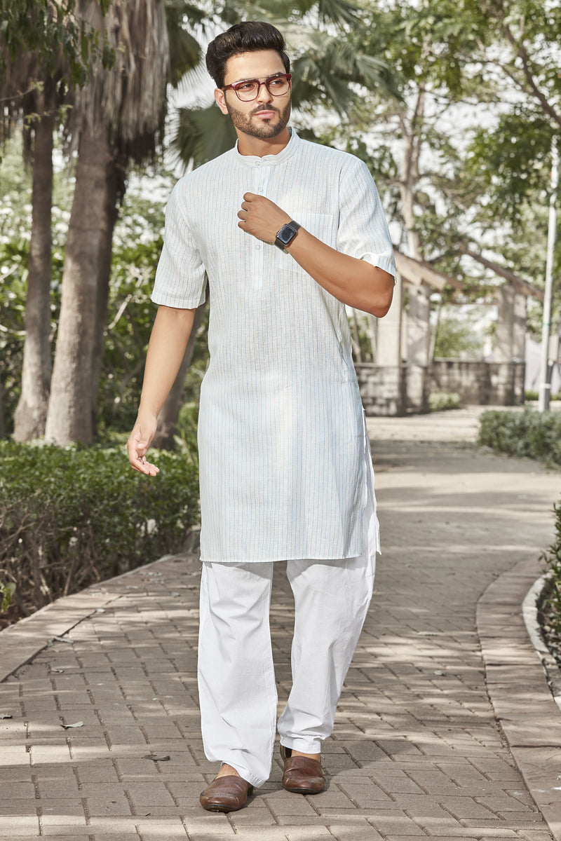 Classic Cotton Linen Slub Striped Modi Kurta, Half sleeve, White, Regu ...