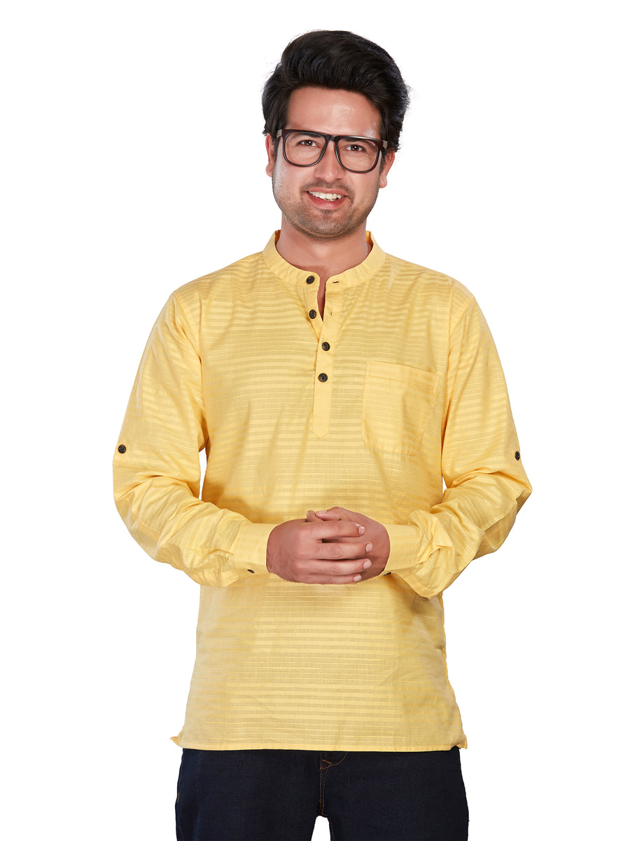 Pure Cotton Self Horizontal Striped Premium Short Kurta, Yellow, Regul ...